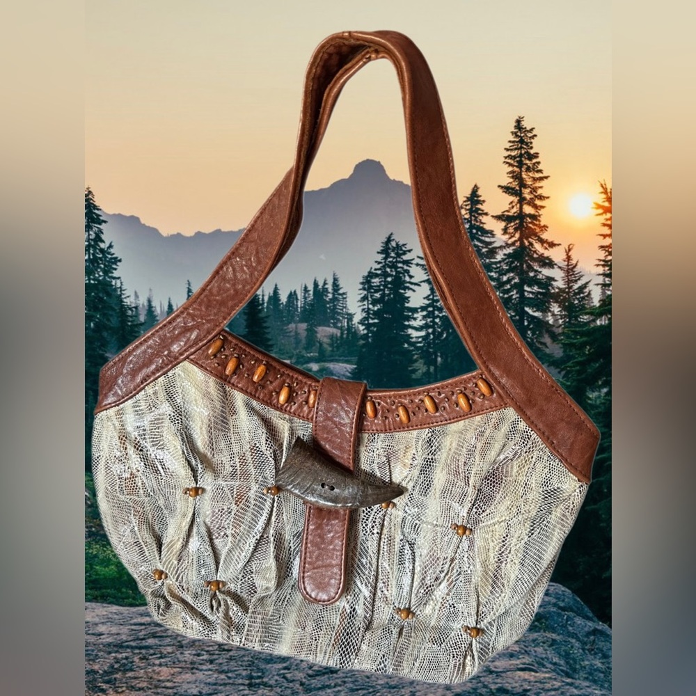 Mary Frances snakeskin print with brown trim & embellishments shoulder bag